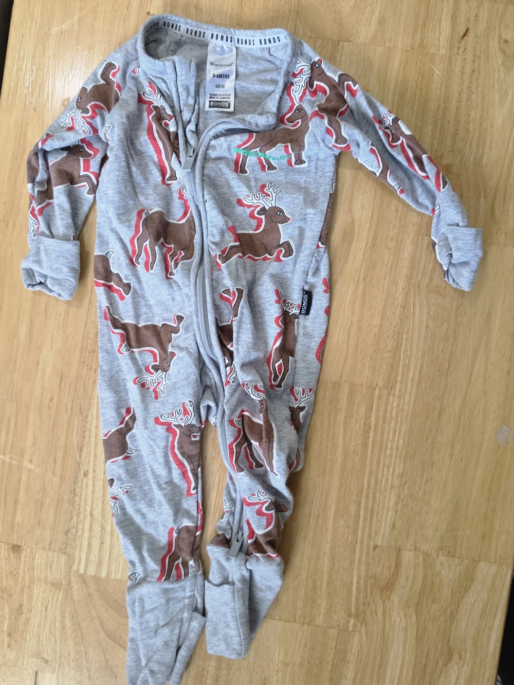 Bonds Wondersuit Grey Footed One-Piece with Brown & Red Reindeer Print